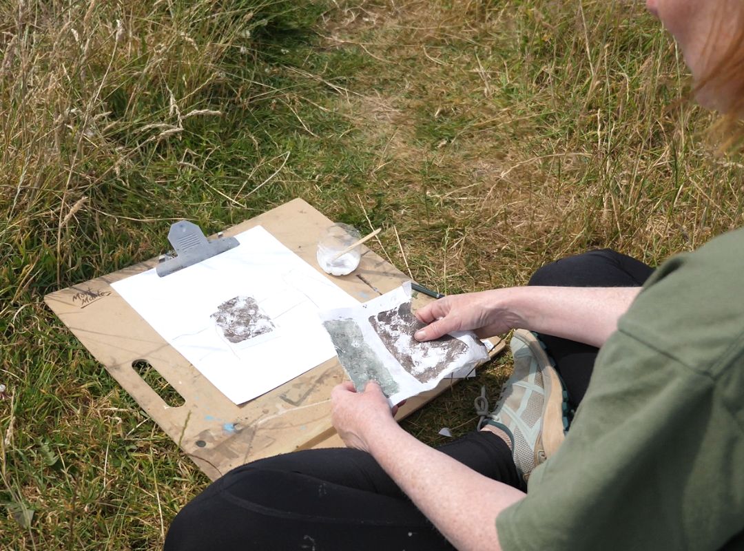 Making a collage at the merry maidens stone circle